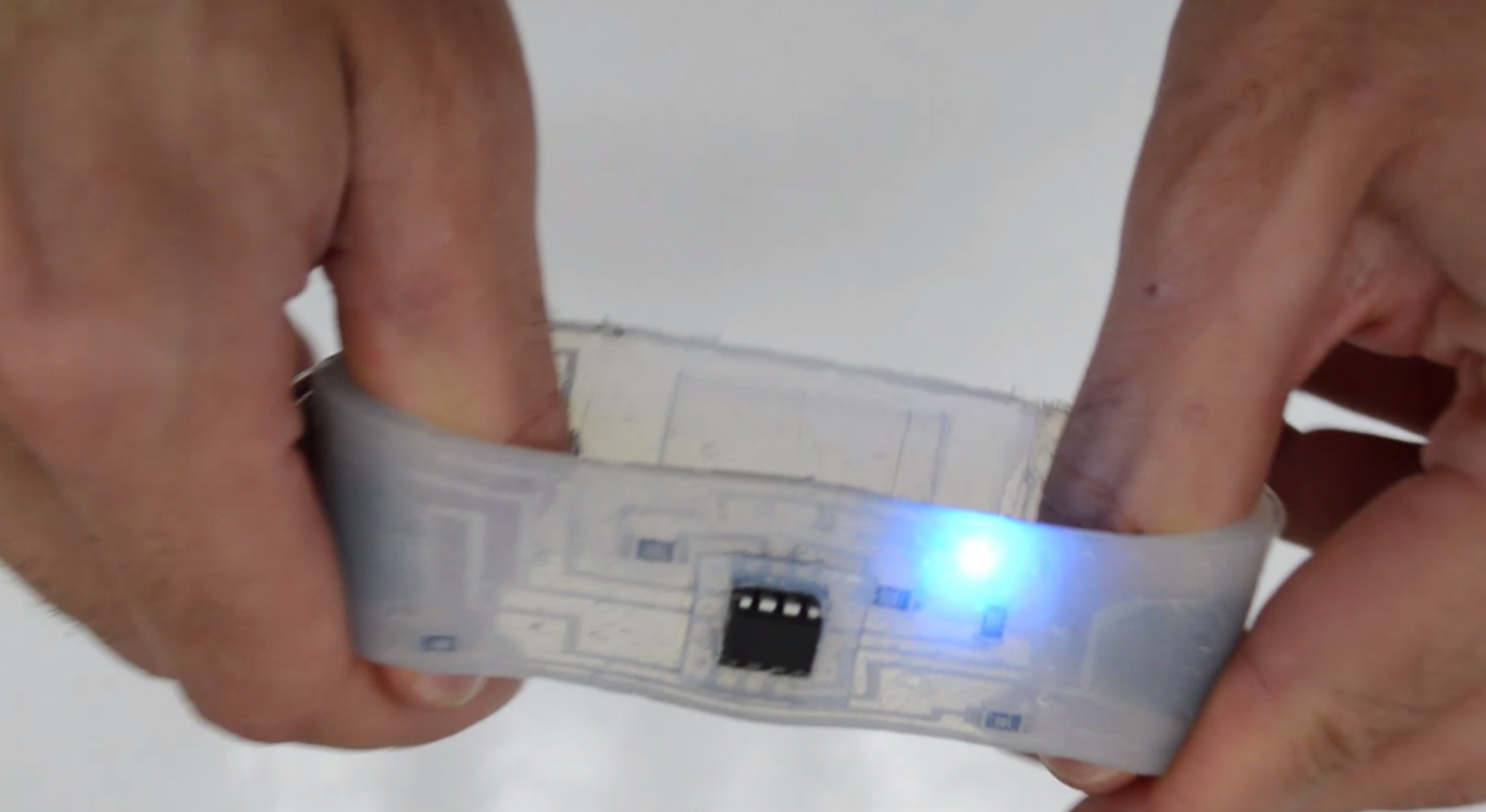 Silicone Devices enables DIY stretchable electronics in cast silicone using a CO2 laser cutter and liquid metal. Transfer required process control and industrialization knowledge beyond the published workflow.